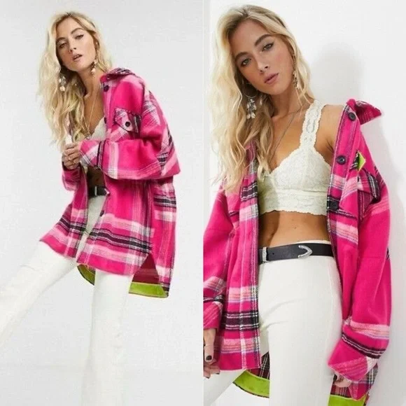 Free People / Down For You Plaid Shirt Jacket Pink - Picture 2 of 10